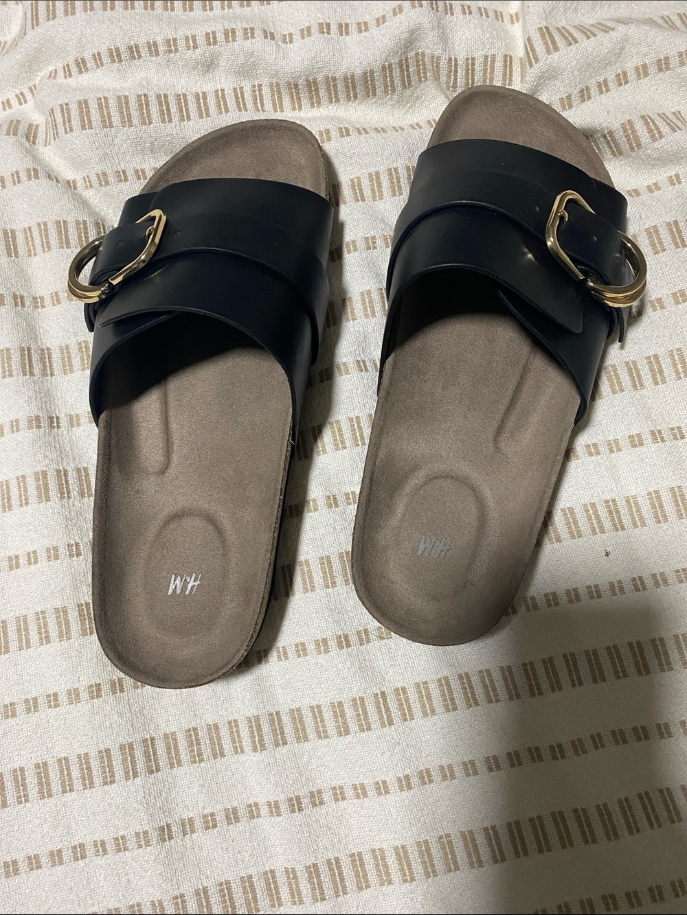 H&M Black Slide Sandals with Gold Buckle